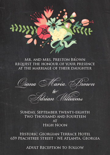 Chalkboard & coral bouquet invitation